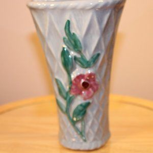 Vintage blue wall pocket planter cottage core pottery wildflower trellis 40's